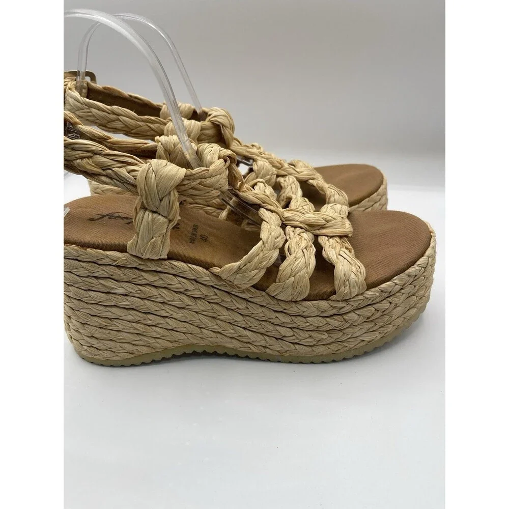 Free People Platform Sandals Beige Raffia Rendevous Braided Weave Shoes Size 10